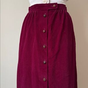 Vintage L.L. Bean Button Front Corduroy Midi Skirt in Raspberry Pink / Red